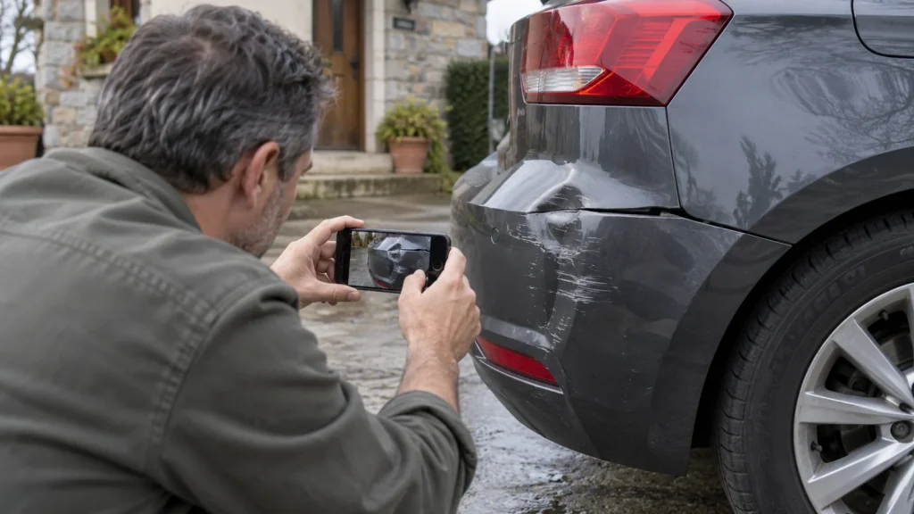 Propietario fotografiando con el móvil un golpe en el paragolpes del coche junto a su casa