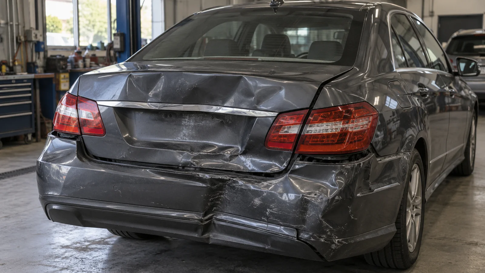 Berlina con daños importantes en el portón y el paragolpes traseros en un taller de carrocería