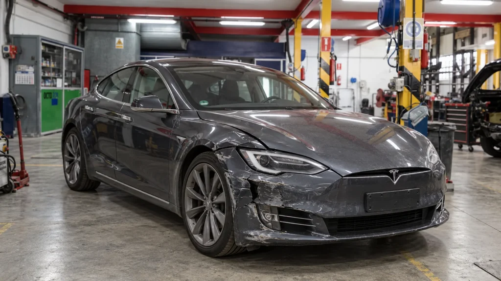 Tesla Model S con daños de carrocería en taller de chapa y pintura en Santander